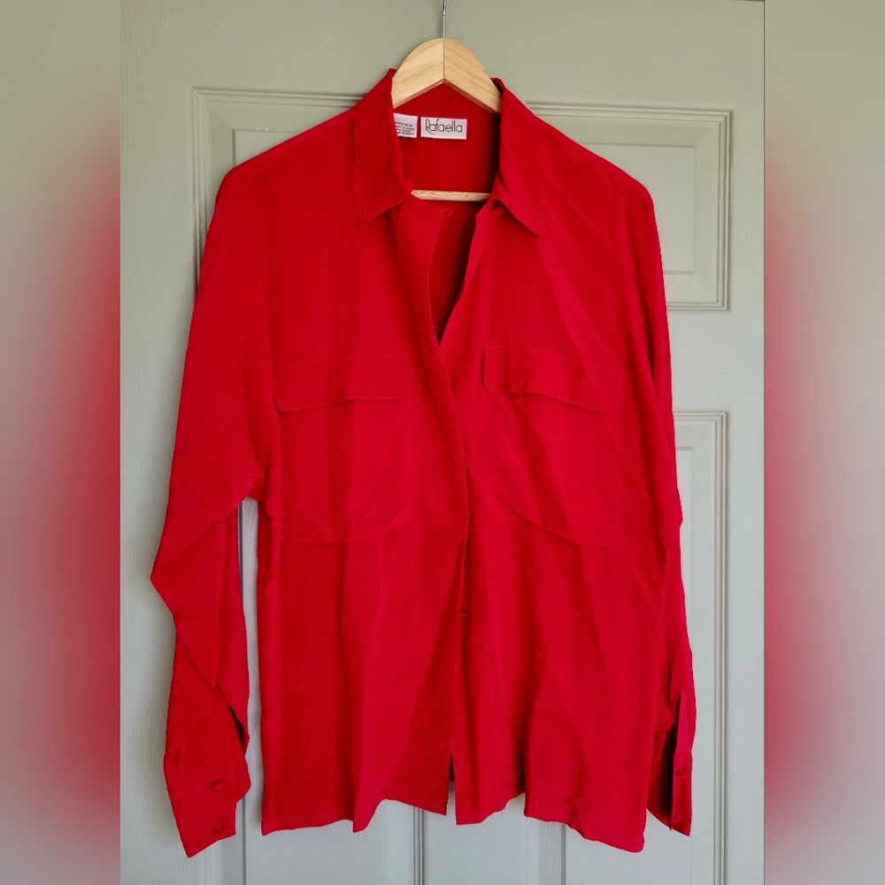 Rafaella Bright Red Silk Button-Front Blouse